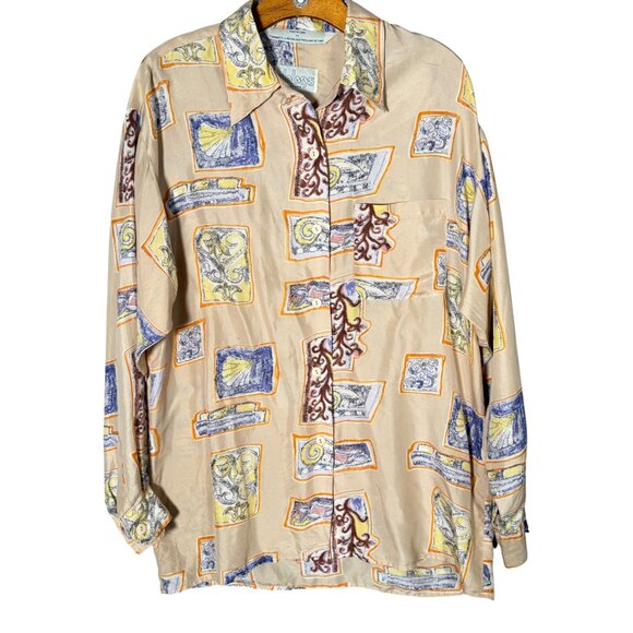 Vintage Dalmys 100% Silk Button Down Shirt Tan Abstract Oversized Artsy M - Picture 1 of 8